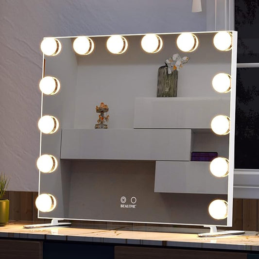 BEAUTME Vanity Mirror with Lights, Hollywood Makeup Mirror with 14pcs Dimmer Bulbs, Smart Touch Control,Tabletop/Wall Mounted for Bedroom, Bathroom, Dressing romm, White 20 x 23.6 Inch