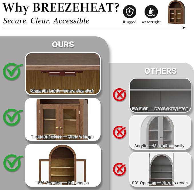 BREEZEHEAT Arched Medicine Cabinet with Glass Doors, Adjustable Shelf, Wall Mounted Bathroom Storage Cabinet Over Toilet, Walnut Wood Grain, 23.6''W × 31.5''H