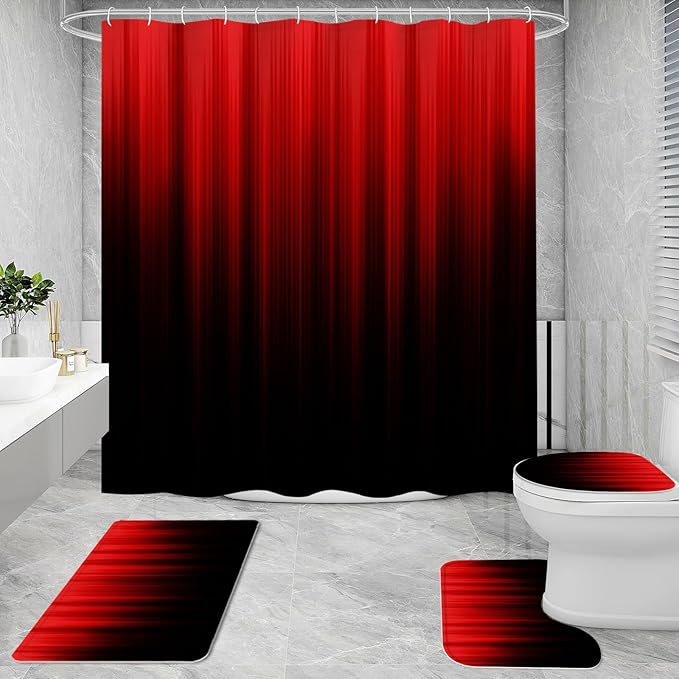 Litabel 4 Pcs Red and Black Gradient Shower Curtain Set with Rugs and Toilet Lid Cover, Modern Simple Waterproof Fabric Bathroom Set, Ombre Stripe Gothic Abstract Bathroom Decor Set Accessories
