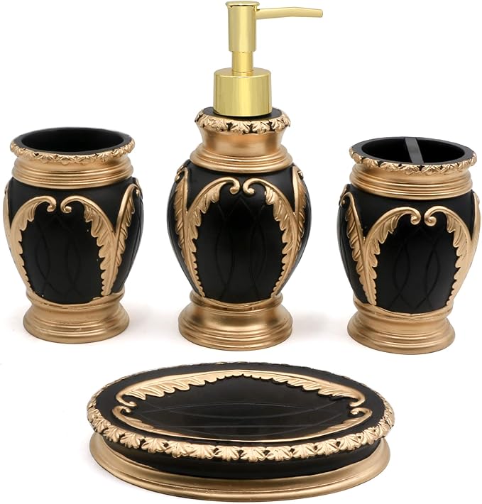 LUANT 4 Pieces Bathroom Accessory Set Including Tumbler, Toothbrush Holder, Soap Dish and Soap Dispenser, Black with Gold