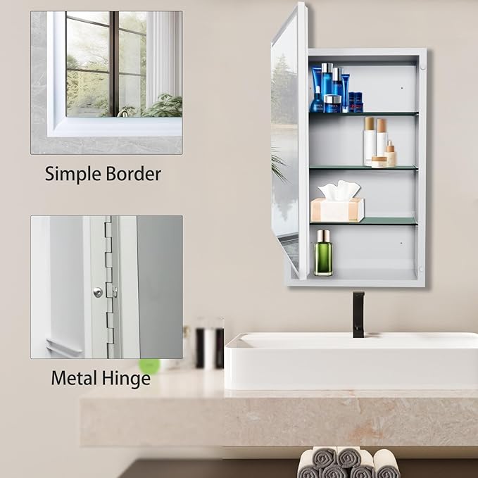 16x26 Bathroom Mirror with Storage,Recessed & Surface Mount Medicine Cabinet,Bathroom Cabinet with Mirror,Wall Mounted Mirror Cabinet for Bathroom, Modern Sleek Design