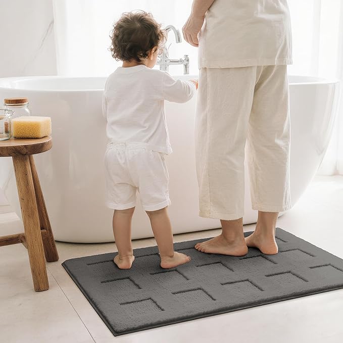 GRANNY SAYS Bathroom Rugs Non Slip Washable, Extra Soft & Water Absorbent Bath Mats for Bathroom, Plush Shaggy Bath Carpet, Deep Grey Waffle Bath Mat Quick Dry for Tub & Shower 16" x 24"