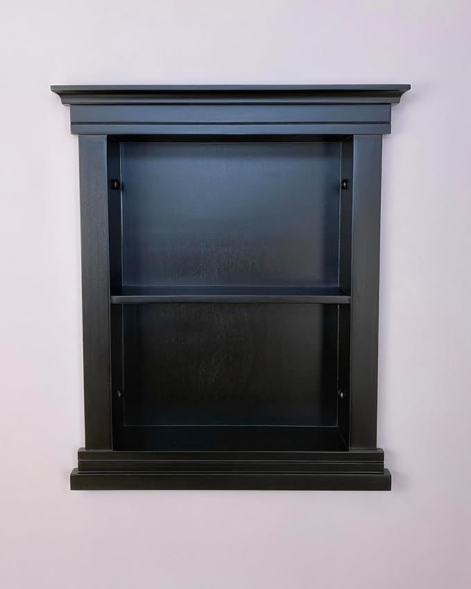 Fox Hollow Furnishings 14x18 Elliot Craftsman Recessed Wood Wall Niche, Open Medicine Cabinet Replacement, in The Wall Bathroom Cabinet Insert Shelves, Made in North America, NO MDF, Plain, Black