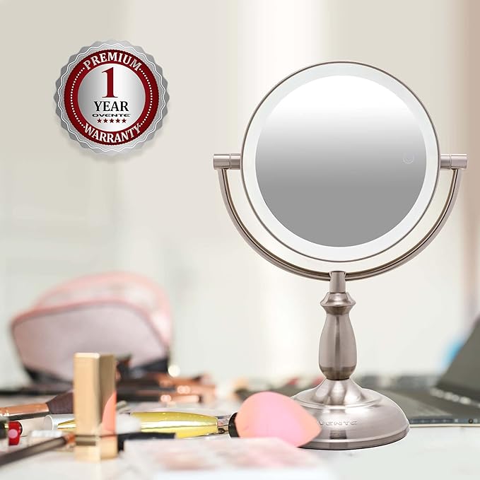 OVENTE 8" Lighted Tabletop Makeup Mirror with 1X/10X Magnification, Double Sided Vanity Mirror, 360° Swivel Design, 3-Tone Smart Touch Glow LED Lights with Auto Shut Off, Nickel Brushed MPT751BR1X10X