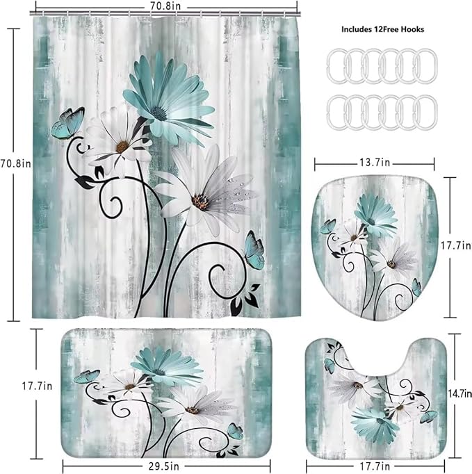 NBVKO 4PCS Rustic Teal Flower Farmhouse Shower Curtain Set,Waterproof Teal Daisy Floral Bathroom Decor Accessory Set