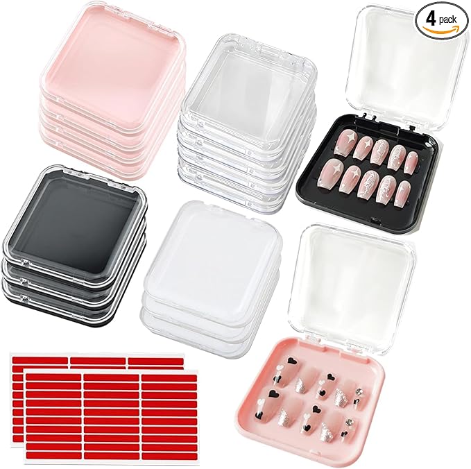 4 Pcs Press On Nail Storage Box with 30Pcs Adhesive Double Sided Tape and 8 Pcs Cards, Press on Nails Packaging, Acrylic Nails Display Box, Nail-Box Organizer for Nail Salon (4 Colors)