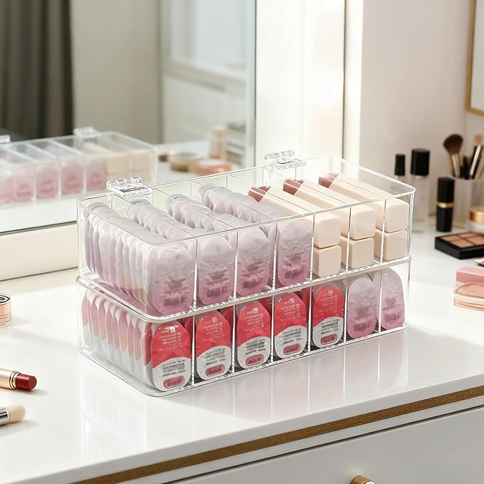 2 Pack Clear Acrylic Makeup Organizers, 7-Section Bathroom Organizer for Drawer, Cosmetic Display Cases with Lid, Blushes Highlighters Eyeshadow Powder Makeup Organizer Holder Storage