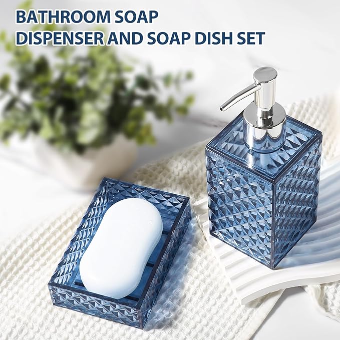 RYTOXILO Bathroom Accessories Set, 4 Pack Blue Acrylic Bath Accessory Sets Complete, Diamond Soap Dispenser and Toothbrush Holder Bathroom Counter Sink Set, Boho Modern Bathroom Decor