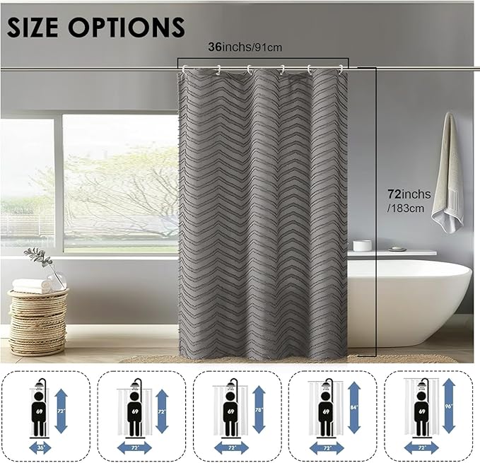 OVZME Grey Small Stall Shower Curtain for Bathroom, Soft Fabric Tufted Chevron Striped Texture Cloth, Farmhouse Protect Privacy Boho Bathroom Shower Curtain, 36Wx72L Inches