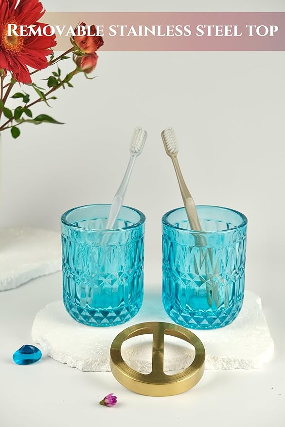 LaMarriti Teal Blue Bathroom Accessories Set, 5Pcs Clear Glass Bathroom Accessories, Hand Soap Dispenser Set, Soap Dish, Toothbrush Holder, Tumbler, Qtip Holder for Crystal Vantage Bathroom Decor