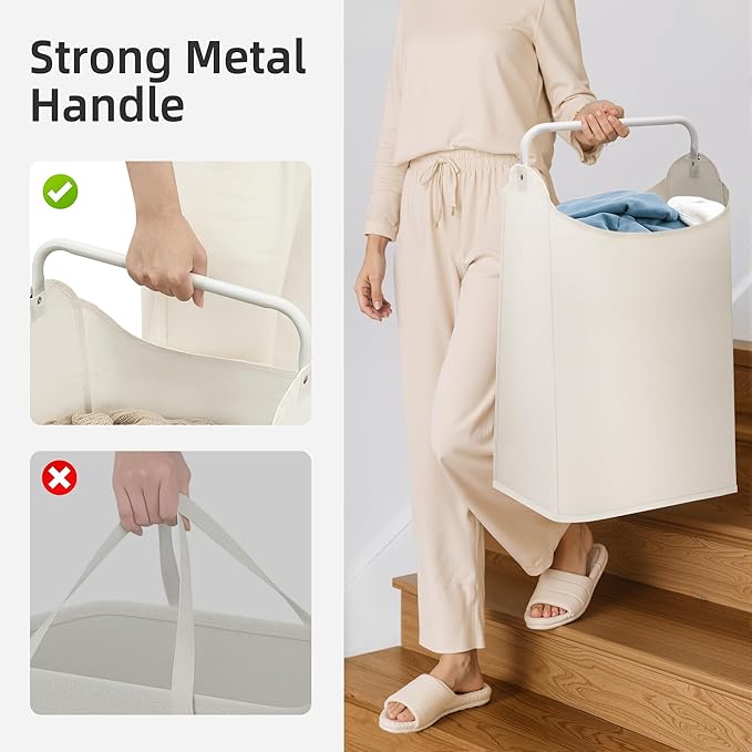 STORAGE MANIAC Large Laundry Hamper with Sturdy Metal Handle, Collapsible Laundry Basket, Freestanding Waterproof Clothes Hamper for Laundry Room, Bedroom, Dorm, Towels, Toys, White