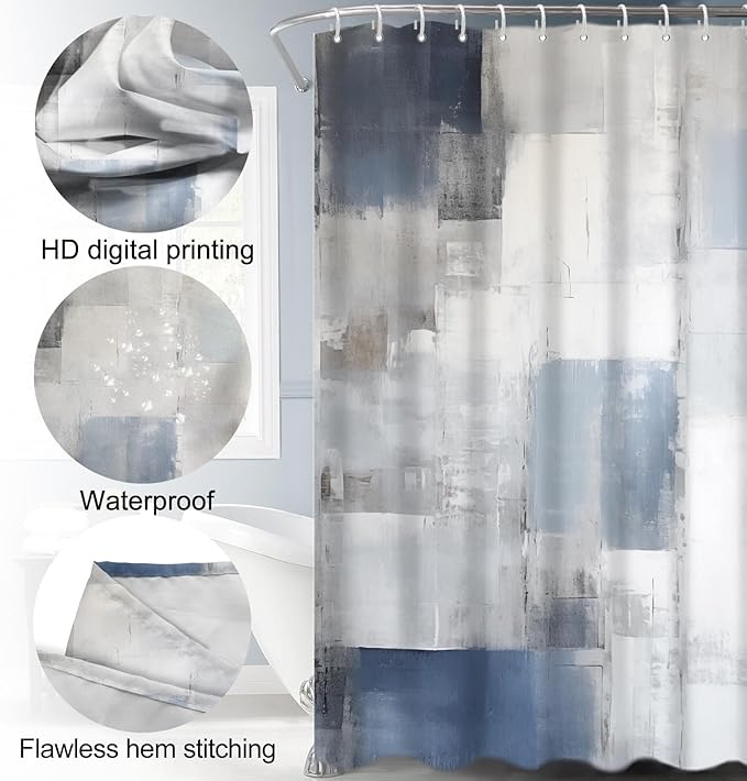 Lnond 4Pcs Bathroom Shower Curtain Sets with Rugs,Blue Grey Abstract Bathroom Sets with Shower Curtain and Rugs and Accessories