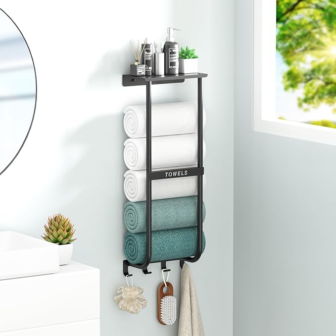 Towel Rack for Bathroom, Black Metal Wall Mounted Towel Holder with Shelf and 4 Hooks, Bathroom Towel Storage Organizer
