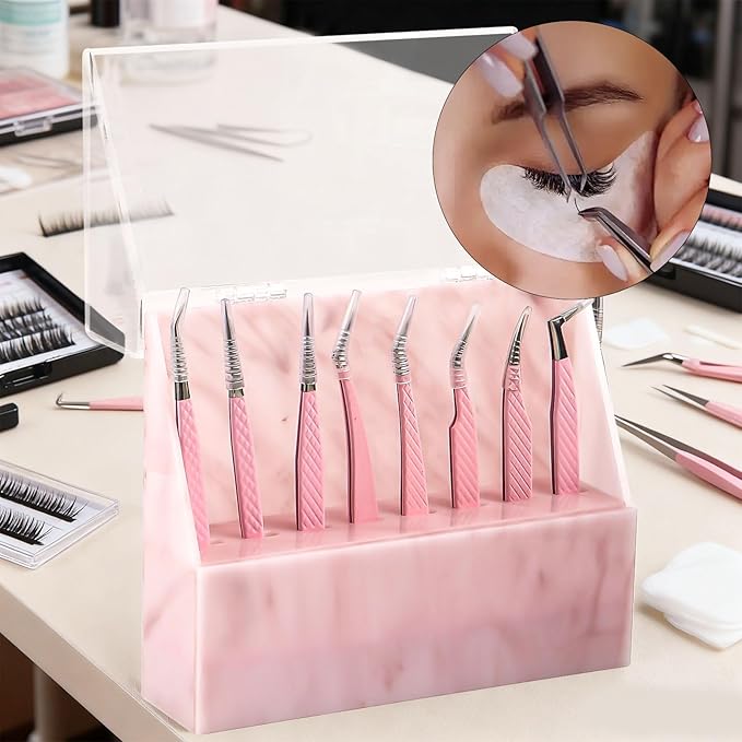 8 Holes Dust proof Tweezer Storage Rack,Acrylic Tweezer Display Stand Holder Eyelash Extension Supplies Lash Accessories Tools (Marble Pink)