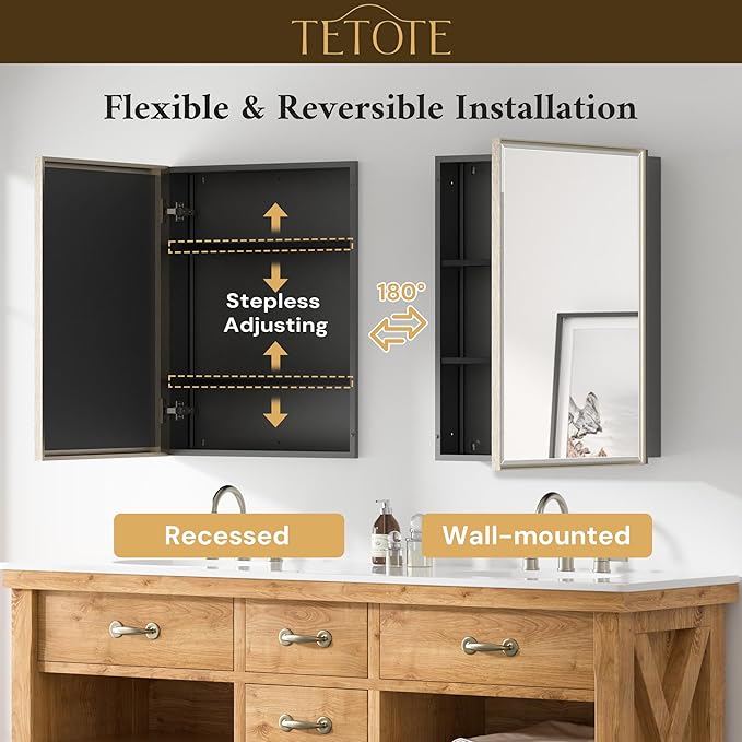 TETOTE 60" x 30" Brushed Nickel Medicine Cabinet Storage with Mirror Farmhouse Bathroom Medicine Cabinet with Adjustable Shelves Wall Mounted or Recessed