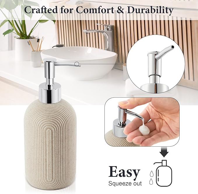 Bathroom Accessories Set - 7-Piece Resin Bathroom Set, Toothbrush Holders for Bathrooms, Soap Dispenser, Qtip Holder Dispenser, Tumbler, Soap Dish & Tray（Beige