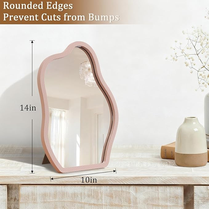 Irregular Table Mirror Wood Frame Portable Free Standing Ornate High Definition Countertop Mirrors for Tabletop Countertop 14" L x 10" W Bedroom Bathroom Living Room