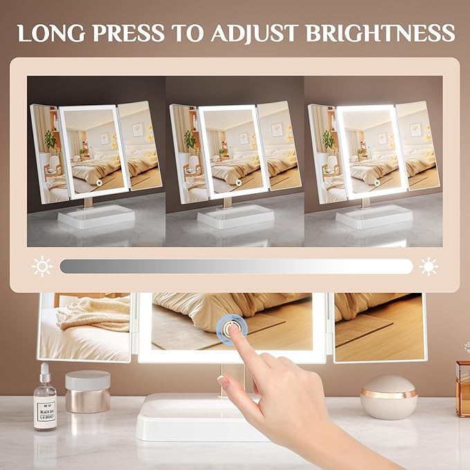 Rechargeable Large Makeup Device with Lights, 1x/2x/3x Magnification & Dimming, 3 LED Color Modes, 4H Cordless Portable Tool for Women - Perfect Valentines Gift