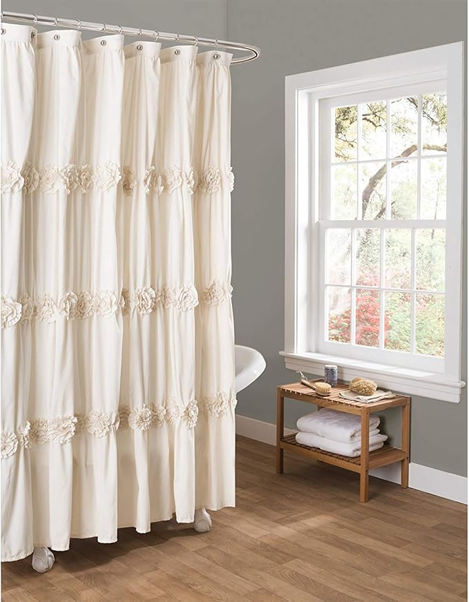 Lush Decor Darla Ruched Floral Bathroom Shower Curtain, 72” x 72”, Ivory