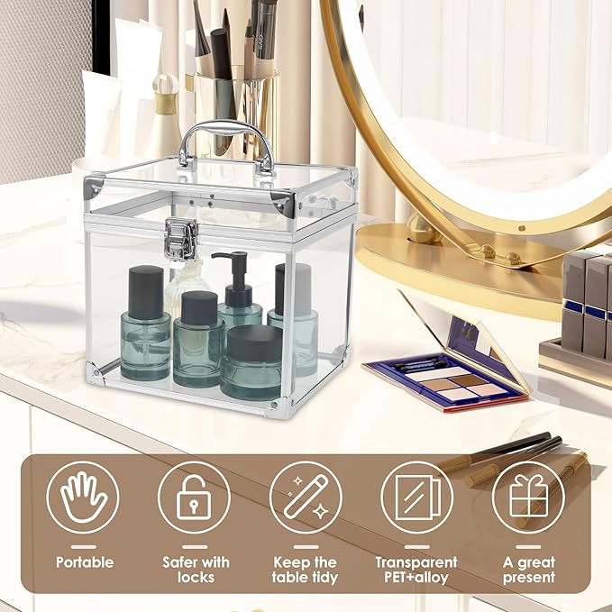 Crown Boxes for Pageants 7.9 X 6.7 X 7.5 In Clear Large capacity Makeup Train Case Cosmetic Case with Latches and Handle Toiletry Organizer Box Travel Makeup Tools Storage Organizer Box