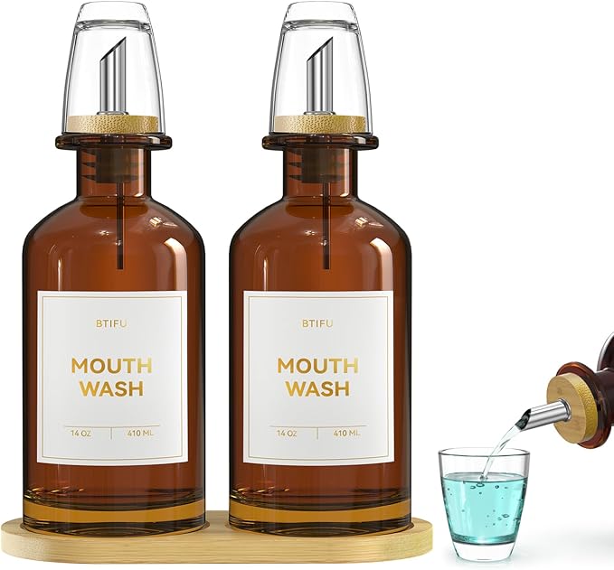 2PCS Amber Glass Mouthwash Dispenser for Bathroom Countertop – 14oz/410ml Refillable Mouthwash Bottle with Stainless Steel Pour Spout & Bamboo Tray, Modern Decor for Office, Airbnb, Gym (Amber)