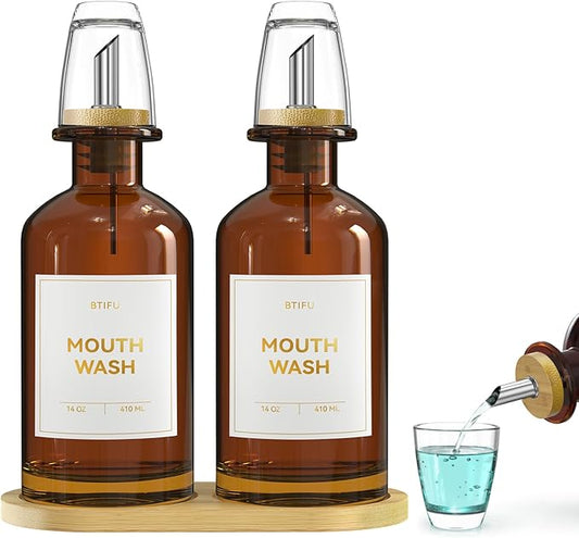 2PCS Amber Glass Mouthwash Dispenser for Bathroom Countertop – 14oz/410ml Refillable Mouthwash Bottle with Stainless Steel Pour Spout & Bamboo Tray, Modern Decor for Office, Airbnb, Gym (Amber)