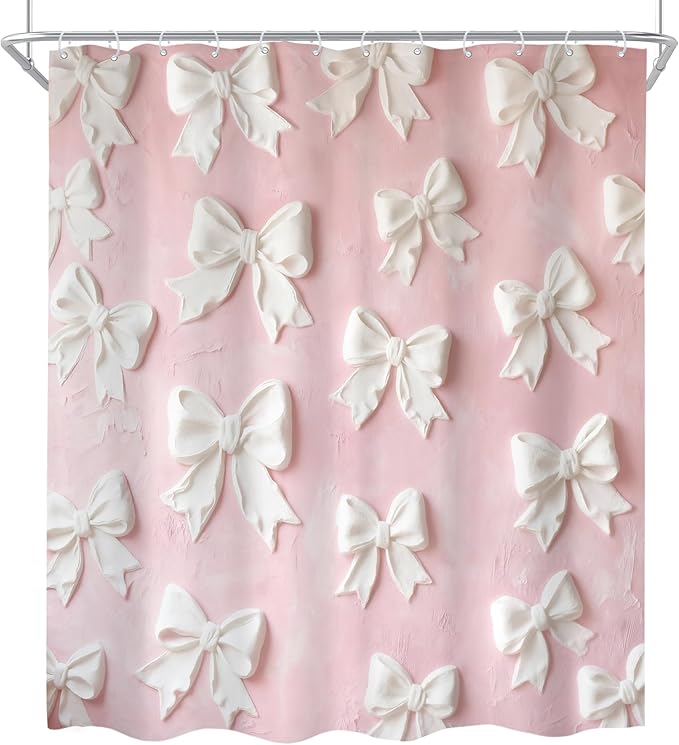 Cinbloo 4Pcs Pink White Bow Shower Curtain Set, Vintage Bowknot Oil Painting Bathroom Curtain with Rug, Toilet Lid Cover, Bath Mat, Girly Fashion Pretty Sweet Modern Shower Curtain with 12 Hooks