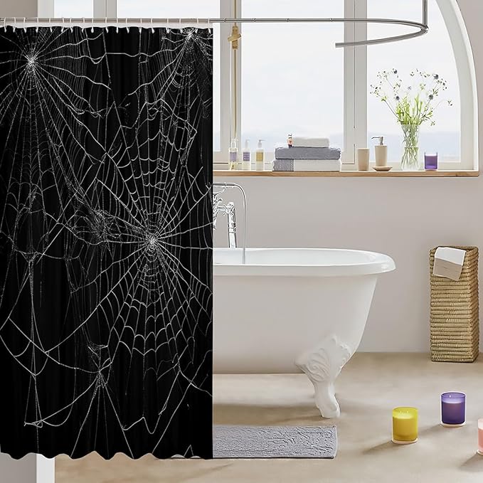 Feelyou Spider Web Bath Curtain Halloween Theme Spider Print Shower Curtain Black White Decor Bathroom Curtain Set Polyester Trick or Treat Waterproof Shower Curtains 72"x84"
