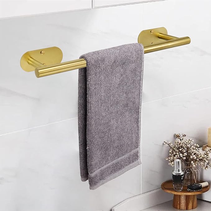 TocTen Self Adhesive Bathroom Towel Bar, Stick Towel Rack for Bathroom, Rustproof Stainless Steel Bath Towel Holder No Damage, Easy to Install Drill Free Towel Rod for Bathroom (Brushed Gold, 16 Inch)