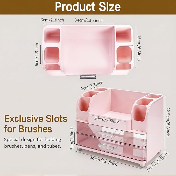 Makeup Organizer for Vanity Countertop with 2 Large Drawers, Spacious Display Cabinet, Partitioned Top Compartment 6 Brush Holders - Pink Beauty Storage Solution