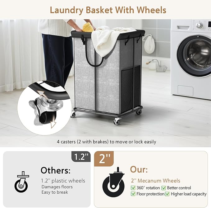 150L Large Laundry Basket with Wheels, Rolling Laundry Hamper with Removable Laundry Bag & Metal Frame, Oxford Fabric Dirty Clothes Hampers for Bedroom, Laundry Room, Bathroom, Dorm(Grey)