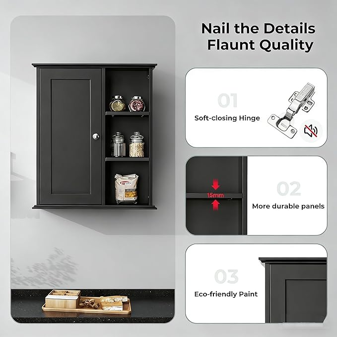 The Wide Usage Wall Medicine Cabinet with Storage Shelves & Anti-Dust Door for Bathroom, Living Room, Kitchen, Entryway,Bedroom (Black)