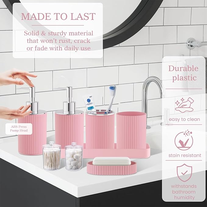 Light Pink Bathroom Accessories Set, 10PC Bathroom Set, Bath Accessory with Pop Up Trash Can, Soap Dispenser, Toilet Brush, Toothbrush Set Qtip Holders & Tray