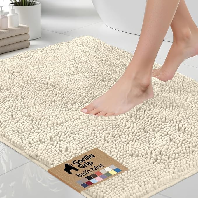 GORILLA GRIP Bath Rug Mat 48x24, Soft Absorbent Chenille, Quick Dry Microfiber Mats, Rubber Backing Washable Shower Floor Rugs, Bathmat Runner, US Designed Bathroom Home Decor Accessories Ivory Cream