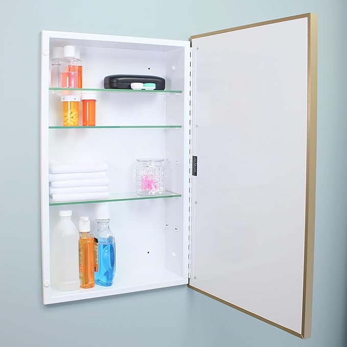 Fox Hollow Furnishings 16x26 Parker Metro Metal Framed Rectangle Recessed Bathroom Medicine Cabinet, Floating Mirror, 14x24 in-Wall Opening, Steel, Adjustable Glass Shelves, Magnet Close, Gold