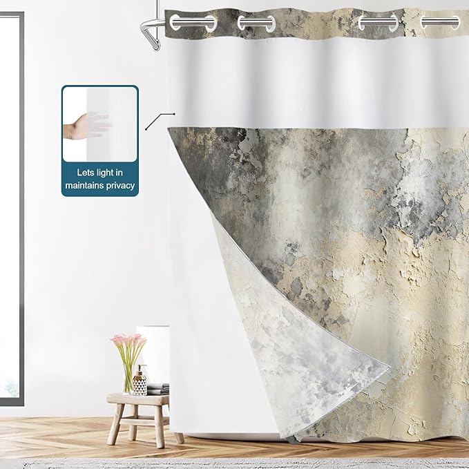 Shrahala Taupe Squares Texture No Hooks Shower Curtain with Snap in Liner Set, Grey and Beige Art Painting Bathroom Décor Polyester Fiber Waterproof for Stall Bathtubs 54 X 80 in