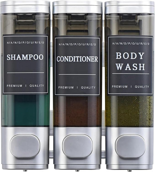 Shampoo and Conditioner Dispenser,Shower Soap Dispenser 3 Chamber No Drill Wall-Mounted for Bathroom & Hotel Leak-Proof Pumps, for Thick Liquids Like Conditioner - 1050ML High Capacity, Silver