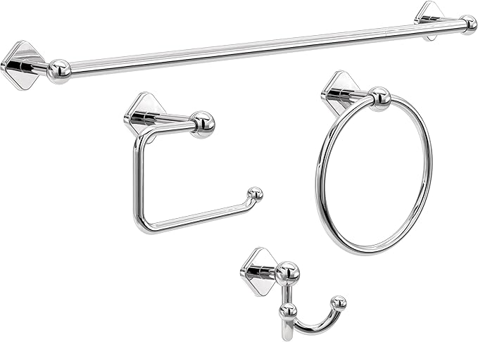 Franklin Brass Gainesville 4-Piece Bathroom Set Polished Chrome 18" + 6" Towel Rack, Toilet Paper Holder, Hand Towel Holder, Hook | 4-Piece Bath Hardware Accessories Set GNV64-PC