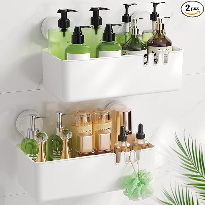 LUXEAR Shower Caddy Suction Cup Shower Basket 2 Pack, NO-Drilling Removable Plastic Shower Shelf Organizer for Bathroom Storage & Kitchen Max Hold 22lbs,Waterproof,One Second Installation Shower Rack