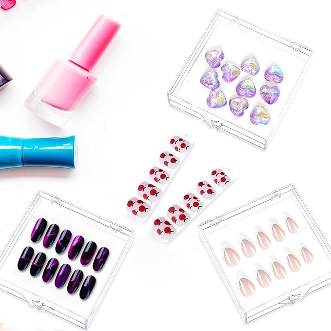 30 Sets Press on Nail Box Nail Display Case Artificial Nail Display Storage Box with 60 Pcs Adhesive Double Sided Tape Press On Nail Packaging for Nail Salon (Clear, 2.76 x 2.76 inch)