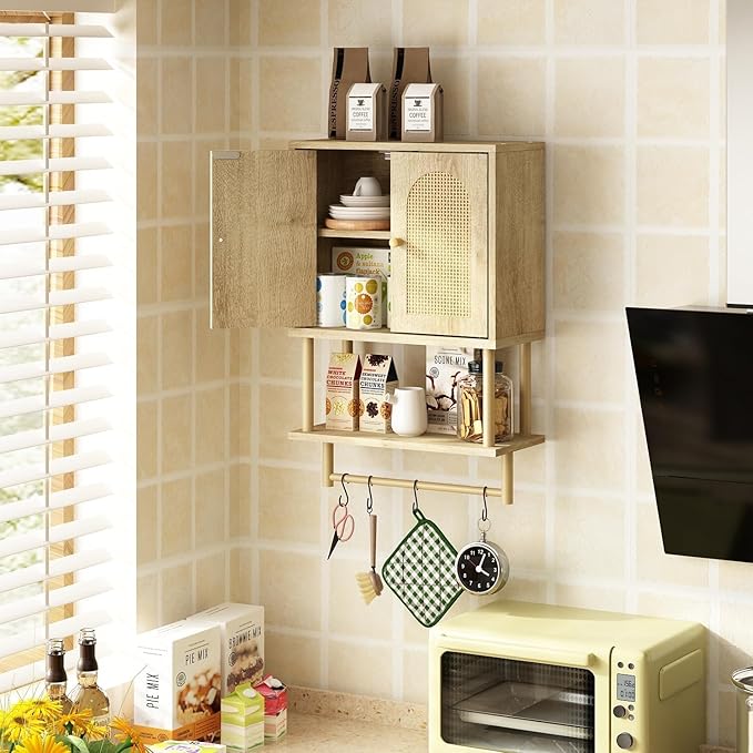RUSTOWN Rattan Bathroom Wall Cabinet, Modern Boho Medicine Cabinet with Two Arched Rattan Doors, Over The Toilet Storage Cabinet with Adjustable Shelf and Towel Bar for Bathroom (Natural, Small)
