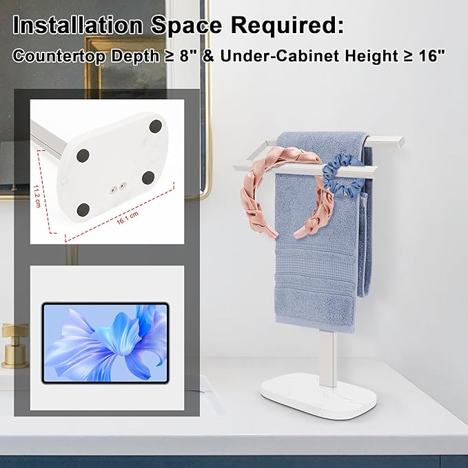 Livabber Standing Hand Towel Holder, 304 Stainless Steel Hand Towel Rack Stand with Heavy Marble Base, Bath Accessories, Towel Ring for Bathroom Kitchen Countertop, 14 Inch (Chrome)