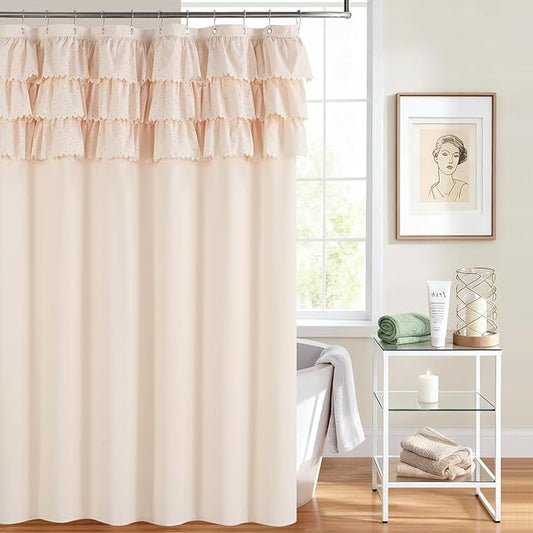Beige Ruffle Shower Curtain with Small Holes, Girls Women Fabric Shower Curtain with Delicate Handcrafted Ruffles, Waterproof Ruched Farmhouse Decorative Bathroom Curtain, 72" W x 72" H