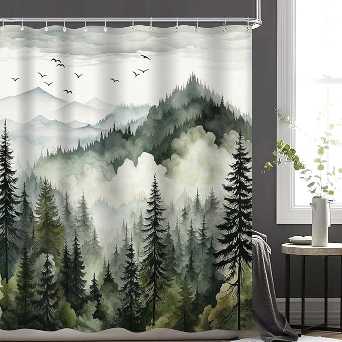 NBVKO 4Pcs Green Misty Forest Shower Curtain Set with 12 Hooks Non-Slip Rugs,Toilet Lid Cover and Bath Mat,Nature Tree Mountain Bathroom Decor for Hotel & Home Bathroom