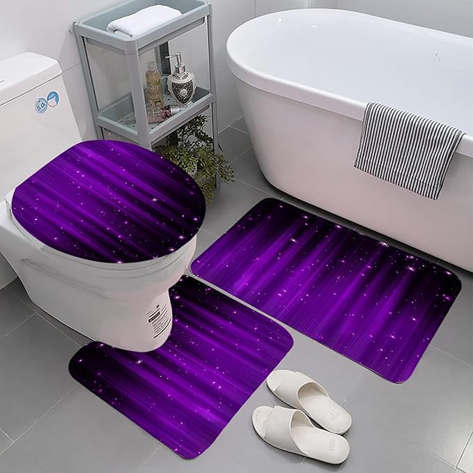 Yddsky 4 Pcs Purple and Black Shower Curtain Sets Non-Slip Rugs Bath Mat Toilet Cover, U-Shaped Mat, Gradient Shower Curtain with 12 Hooks, Black and Purple Bathroom Set