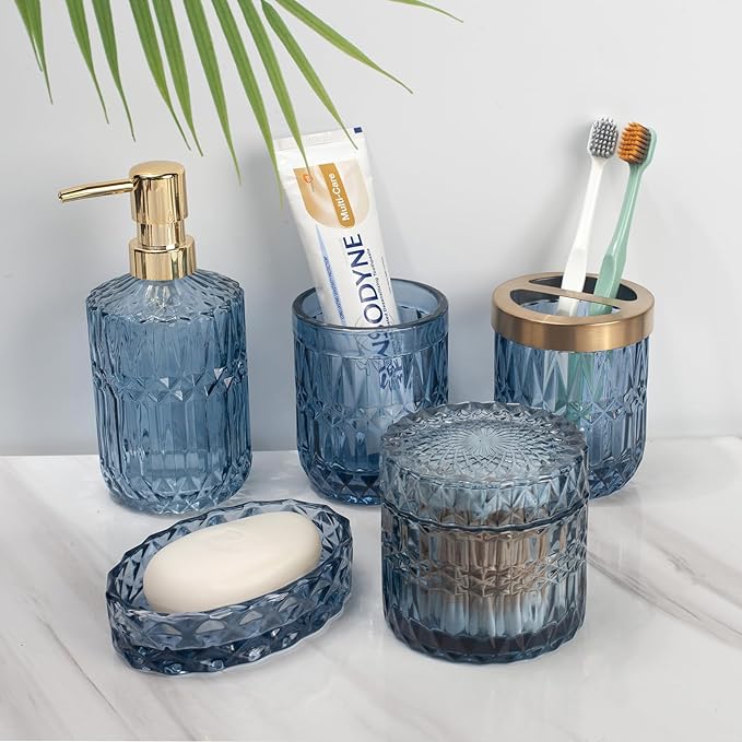 IVAILEX 5PCS Blue Glass Bathroom Accessories Sets of Lotion Dispenser, Soap Dish, Toothbrush Holder, Tumbler, Cotton Swab Jars, Modern Bath Decor, Vintage Gift