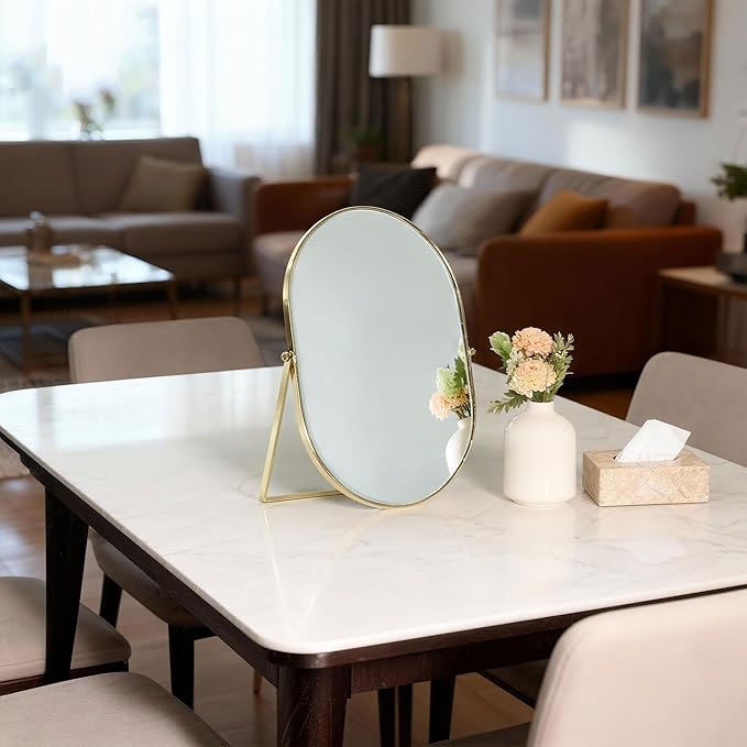Feyarl Oval Vanity Makeup Mirror 12x8 Inch Vertical Tabletop Mirror Decorative Standing Cosmetic Mirror for Bedroom Bathroom Desk Dresser Table Desktop (Gold)