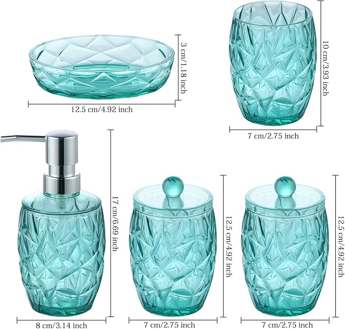 Shatterproof Acrylic Teal Blue Bathroom Accessories Set – Glass-Free, 5-Piece Vanity Set with Lotion Soap Dispenser, Toothbrush/Makeup Brush Holder, 2 Dust-Proof Cotton Jars, and Soap Dish