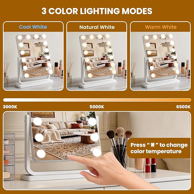Vanity Mirror with Lights, 18"×15" Hollywood Makeup Mirror with 14 Dimmable Bulbs, 3-Color Lighting, Dimmable, 360° Rotation, 10x Magnification, Desk Mirror, Bedroom (White)