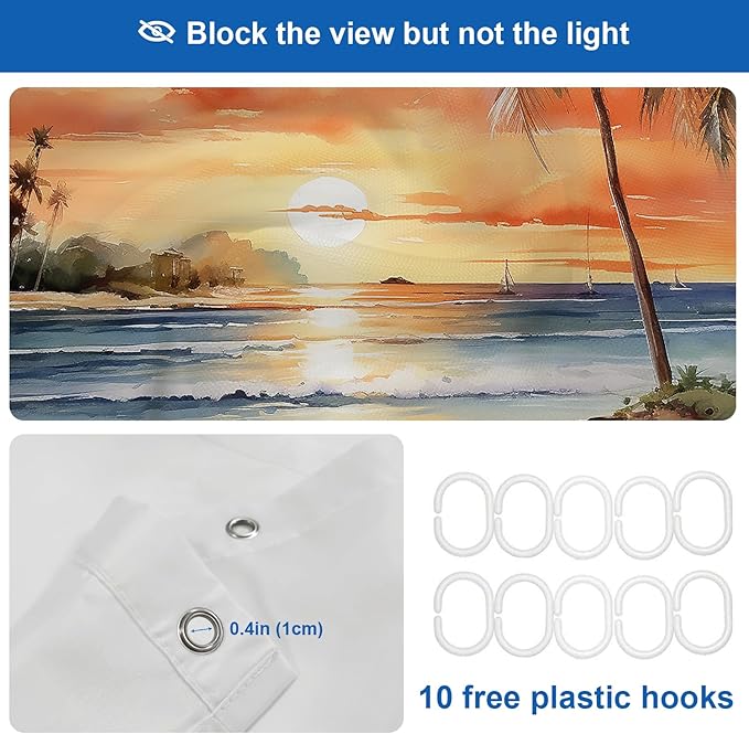 Shrahala Summer Sunset Beach Decorative Shower Curtain, Tropical Seaside Scene Bathroom Décor Polyester Fiber Waterproof with Plastic Rings for Shower Stall Bathtubs 72 X 60 in